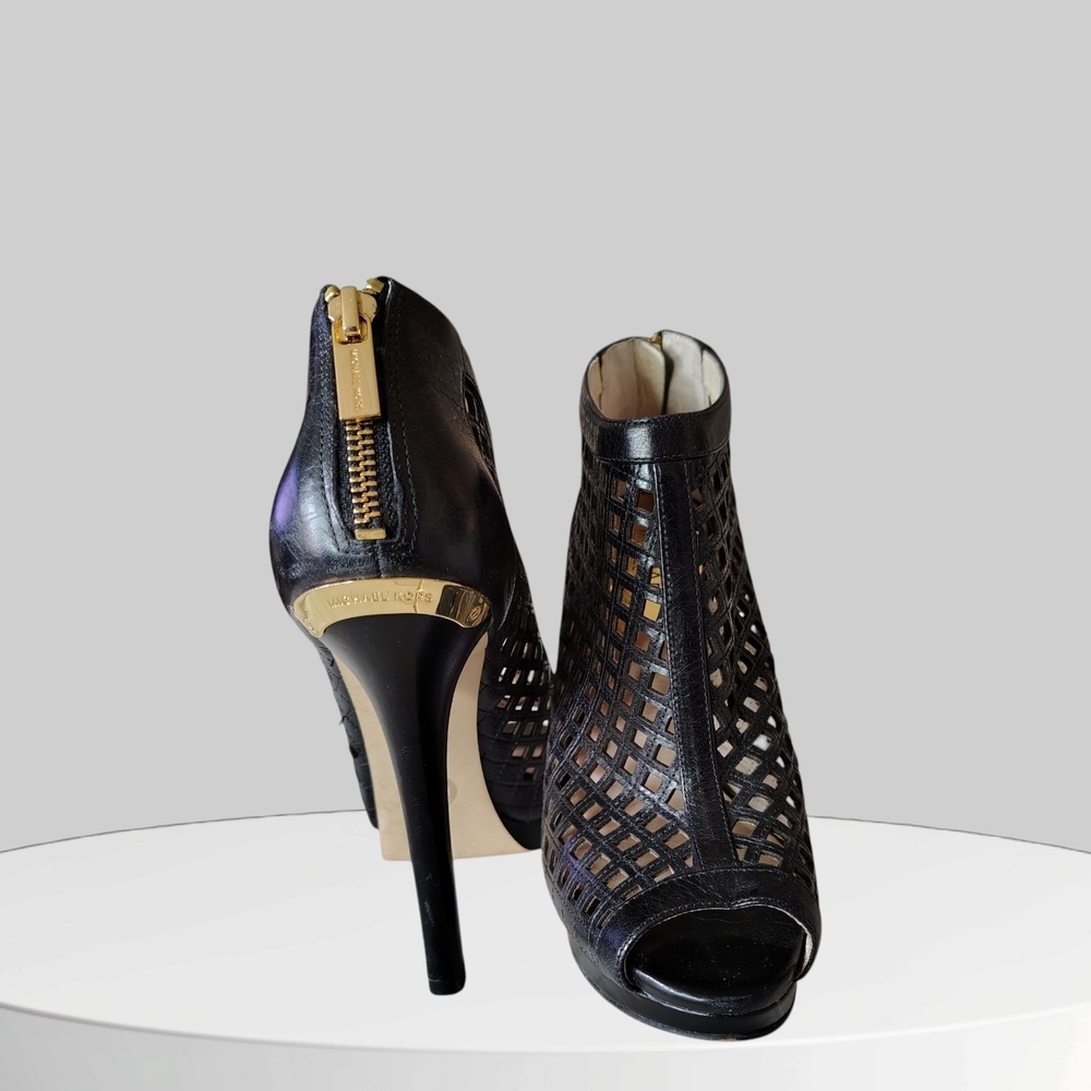 Peep-Toe Heels By Michael Kors Black with Gold Tone Zipper Women's Size 7.5